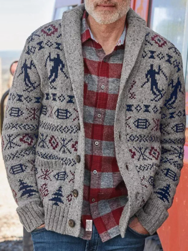 Men's Aztec Geometric with Snowman Pattern Turndown Collar Coat Men Outwear