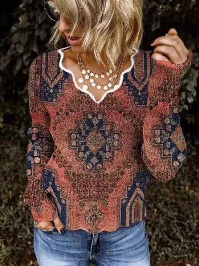 2022 Women's Aztec Colorful Ethnic Loose Long Sleeve T-Shirt