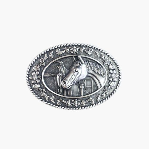 Silvered Western Style Belt Buckle Horse Head Pattern Border