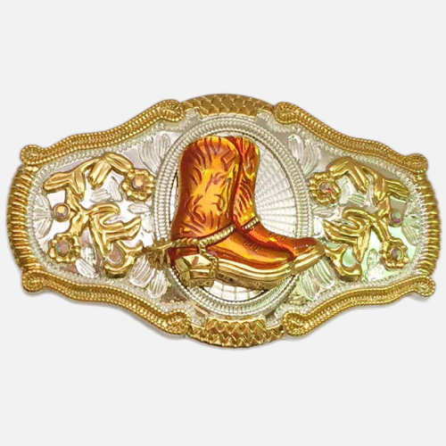 Belt Buckles For Men Cowboy Zinc Alloy Gold And Silver Boots With Flower Pattern Size 10.7X6.8Cm
