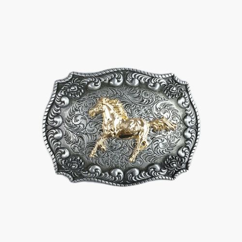 Classic Cowboy Style Belt Buckle Gold Galloping Gold Plated Large Size