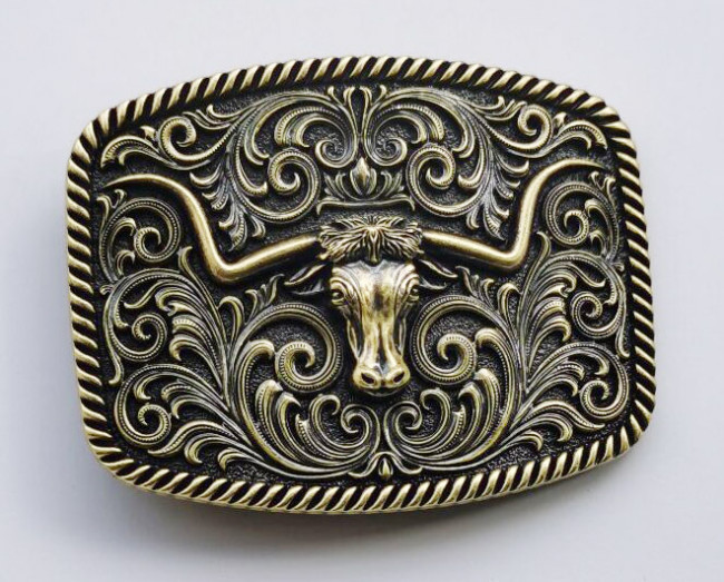 Vintage Rodeo Belt Buckles Zinc Alloy Bull-Headed With Flower Pattern Size 9.3X7.3Cm