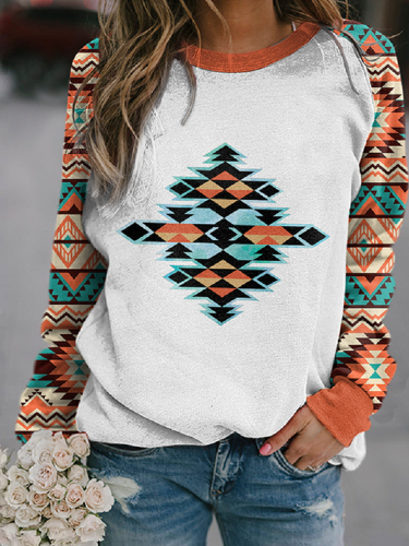 Women's Aztec Cross Enthic Geometric Pattern Crew Neck Long Sleeve Sweatshirt
