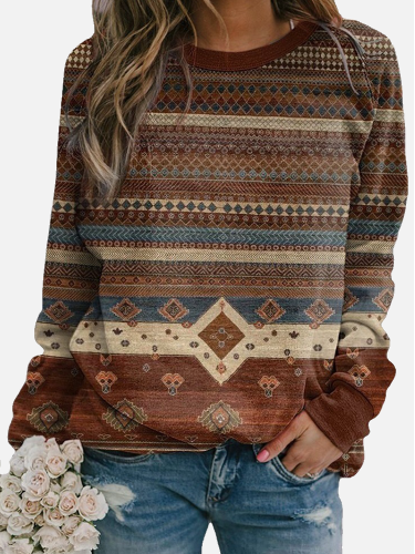2022 Women's Aztec Geometric Ethnic Pattern Casual Sweatshirt Long Sleeve