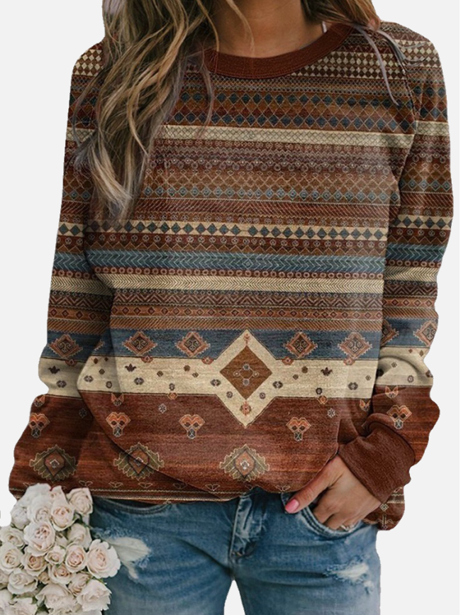 2022 Women's Aztec Geometric Ethnic Pattern Casual Sweatshirt Long Sleeve