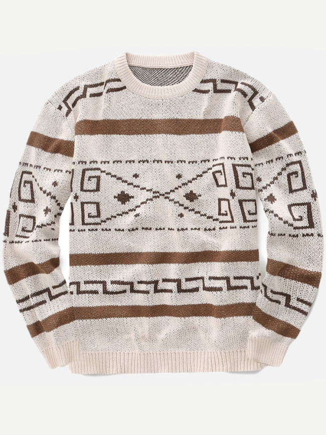 Men's Aztec Geometric Pattern Jacquard Crew Neck Long Sleeve Sweater