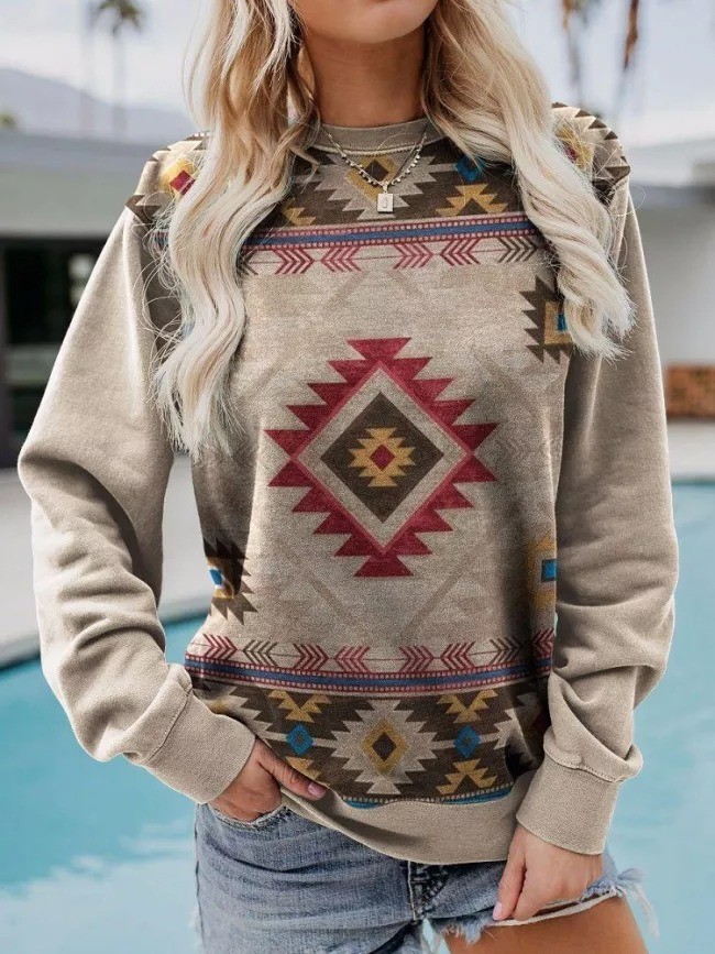 Women's Aztec Geometric Ethnic Indian Pattern Long Sleeve Sweatshirt Casual Crew Neck Shirt