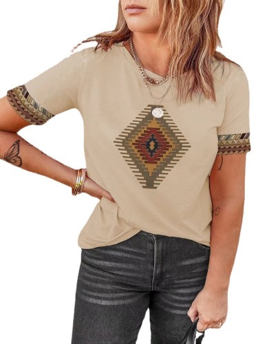 2022 Women's Aztec Southwest Red Area Printed Geometric Ethic Short Sleeve T-Shirt