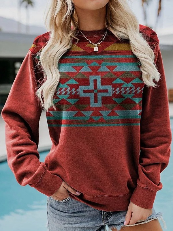 Women's Aztec Geometric Ethnic Indian Pattern Long Sleeve Sweatshirt Red Crew Neck Sweatshirt