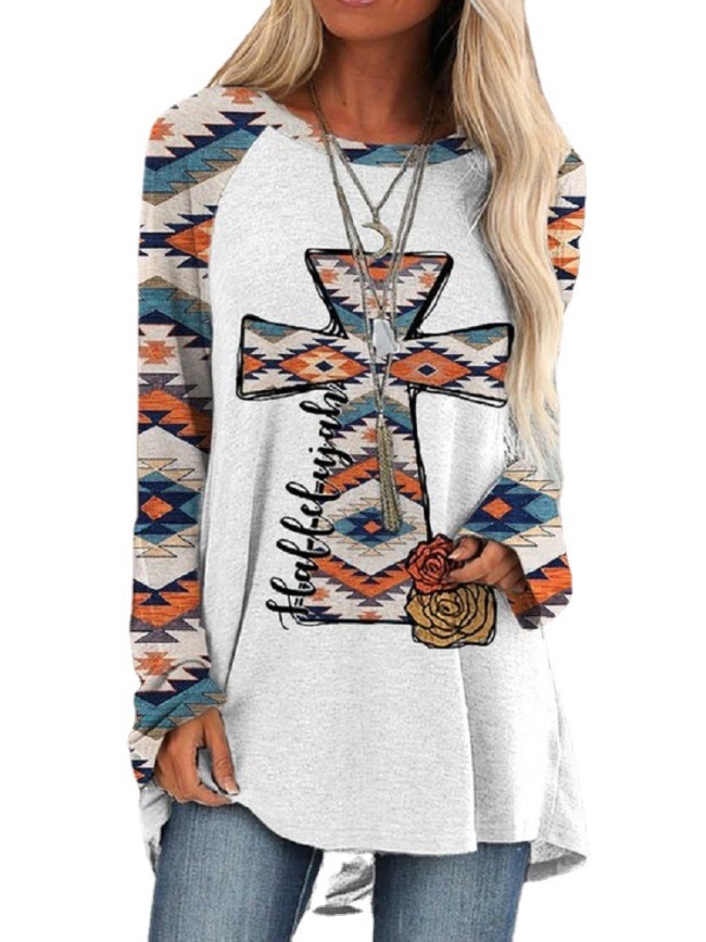 Womens Aztec Tribe Geometric Jacquard Cross Pattern Long Sleeve V-Neck Loose T-Shirt