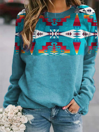 Women's Western Wear Lover Aztec Pattern Style Long Sleeve Sweatshirt Blue Aztec