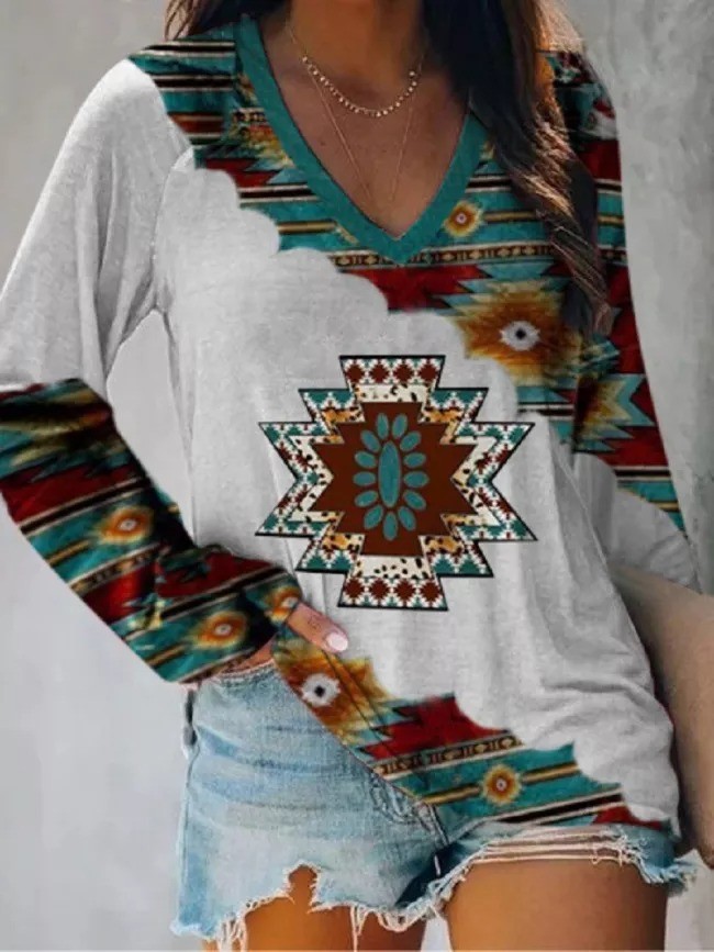 2022 Womens Aztec Southest Geometric Pattern Long Sleeve V-Neck T-Shirt