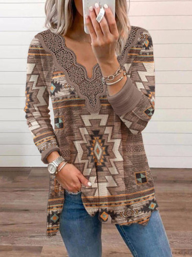 Women Aztec Western Ethnic Geometric Pattern V-Neck Hollow Out Long Sleeve T-Shirt