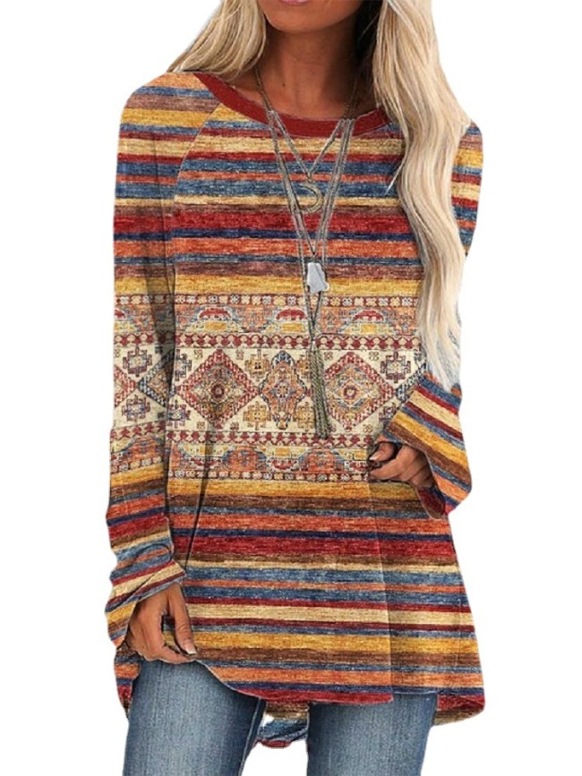 Womens Aztec Tribe Geometric Jacquard Pattern Long Sleeve V-Neck Loose T-Shirt