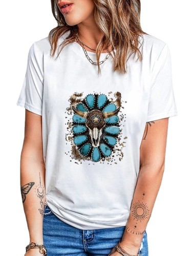 Womens Aztec Tribal Southest Cow Skull Pattern Crew Neck Short Sleeve T-Shirt