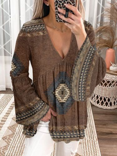 Womens Aztec Tribal Southest Brown Area Geometric Pattern V Neck Long Sleeve T-Shirt