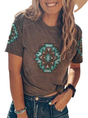 2022 Women's Aztec Short Sleeve T-Shirt Casual Crew Neck Geometric T-Shirt