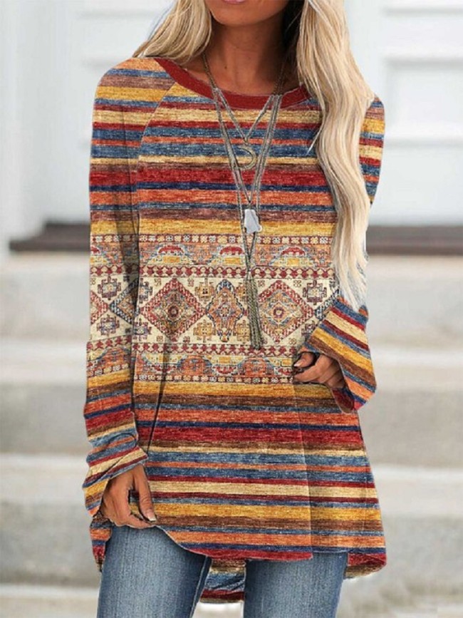 Womens Aztec Tribe Geometric Jacquard Pattern Long Sleeve V-Neck Loose T-Shirt