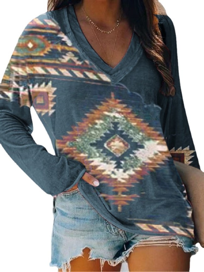 Women's Aztec Enthic Geometric Pattern V Neck Long Sleeve T-Shirt Causal T-Shirt