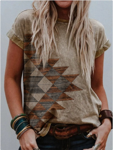 Womens Aztec Geometric Ethnic Western Short Sleeve Crew Neck T-Shirt
