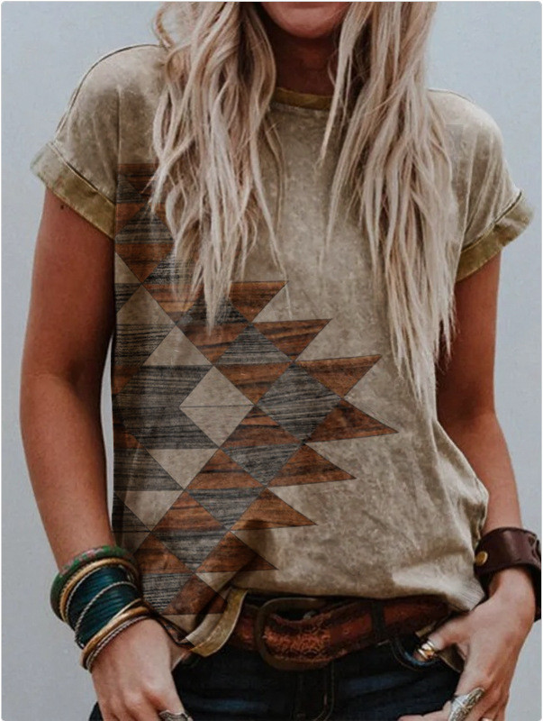 Womens Aztec Geometric Ethnic Western Short Sleeve Crew Neck T-Shirt