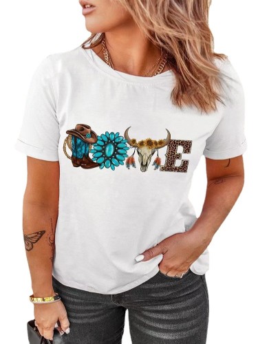 Women's Aztec Love Shape Cow Skull Pattern Short Sleeve T-Shirt
