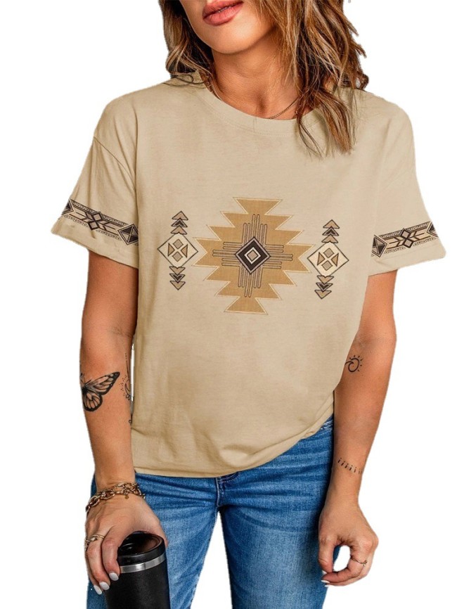 2022 Women's Aztec Western Ethnic Khaki Short Sleeve T-Shirt