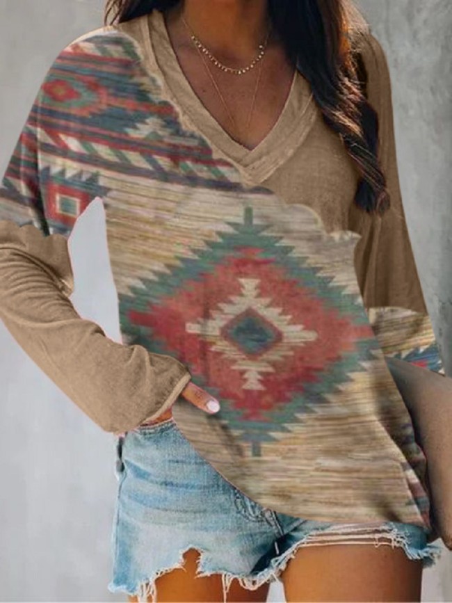 Women's Aztec Enthic Geometric Pattern V Neck Long Sleeve T-Shirt Causal T-Shirt