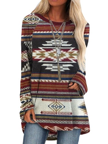 Womens Aztec Tribal Southest Red Area Pattern Crew Neck Long Sleeve T-Shirt