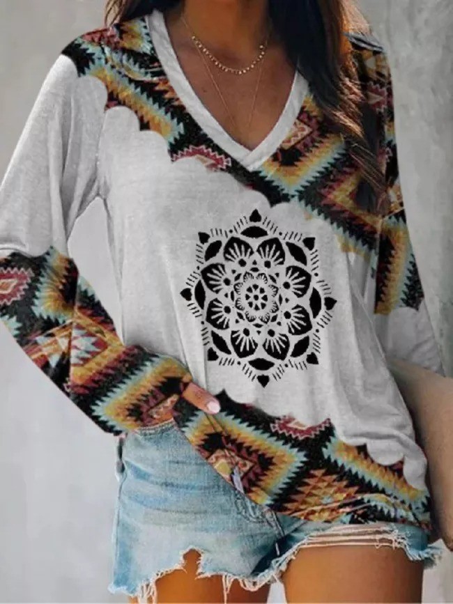 2022 Womens Aztec Southest Geometric Pattern Long Sleeve V-Neck T-Shirt