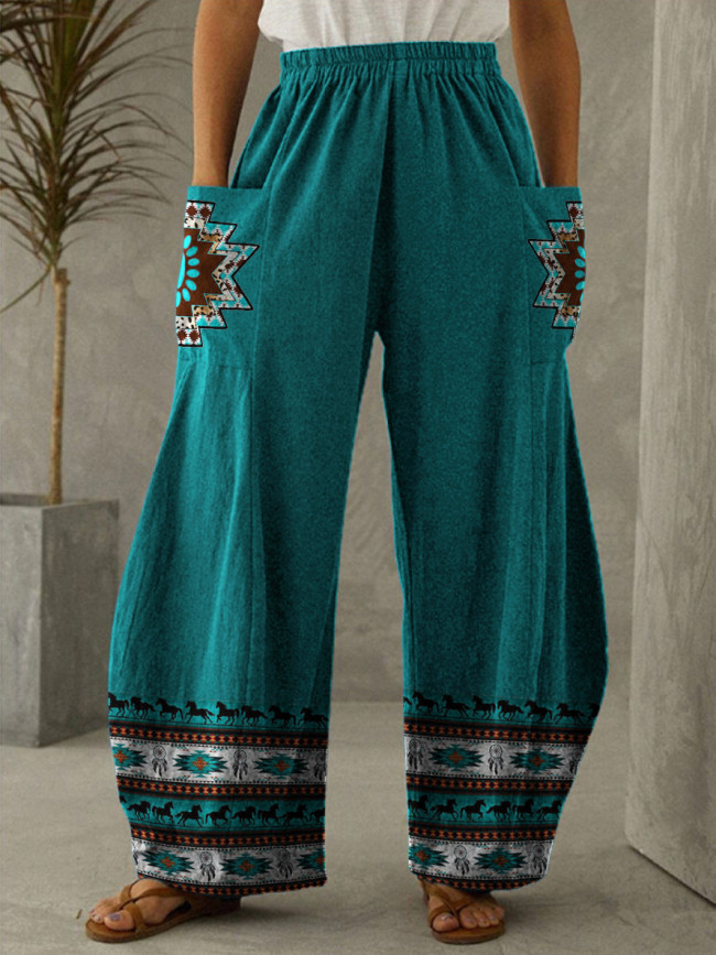 Women Aztec Western Ethnic Geometric Pattern Casual Loose Pant