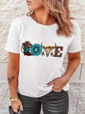 Women's Aztec Love Shape Cow Skull Pattern Short Sleeve T-Shirt
