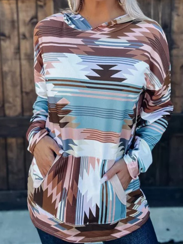 2022 Women's Aztec Native Ethnic Geometric Pattern Long Sleeve Hoodie with Pocket