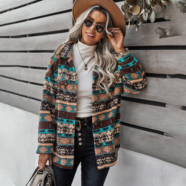 Women's Aztec Enthic Geometric Pattern Long Sleeve Coat