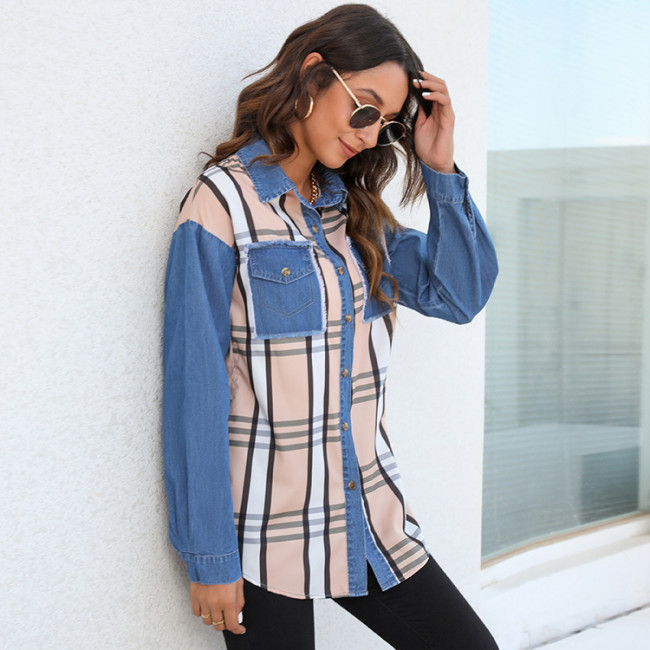 Women Plaid Patchwork Denim Shirt Cardigan Collar Single Breasted Long Sleeve Shirt  Spring Outfit