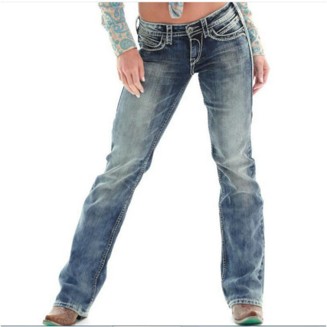Women Mid Rise Ripped Bootcut Jeans Light Wash Blue Cowboy Western Bootcut Denim Jean