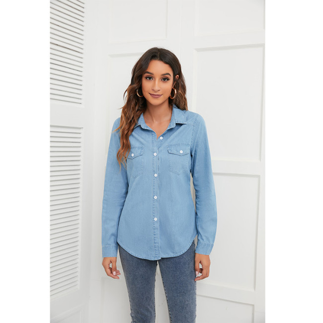 Women Blue Denim Jean Shirt Long Sleeve Single-Breasted Lapel Shirt Patchwork California Rodeo Pattern