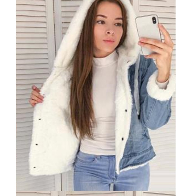 Womens Denim Jacket Loose Plus Size Hooded Cotton Winter Coat