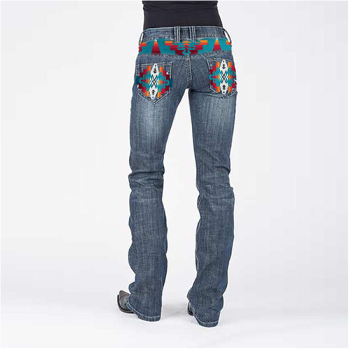 Women Grey Wash Denim High Rise Bootcut Jean with Aztec Geometric Pattern Back Pocket