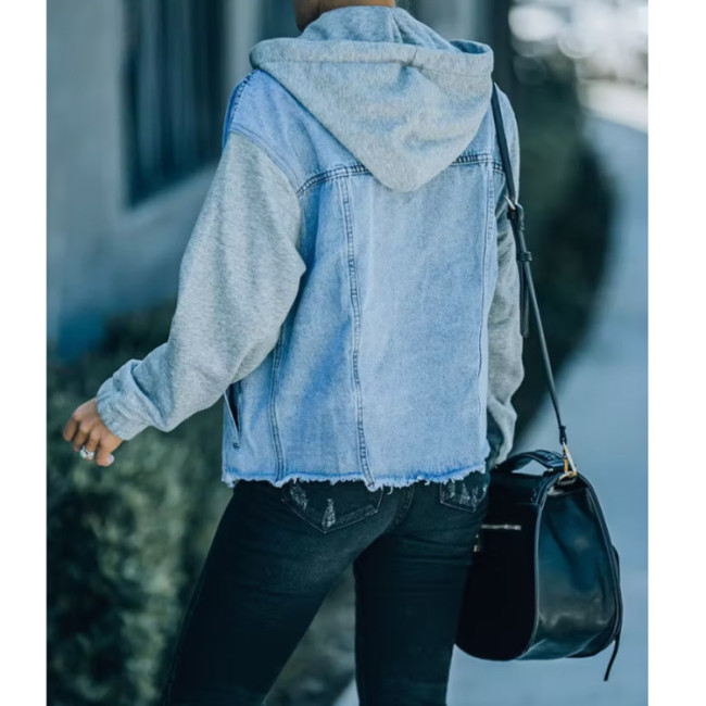 Womens Winter Denim Splicing Loose Casual Blue Denim Sweater Jacket with Hat Oversize Denim Jacket