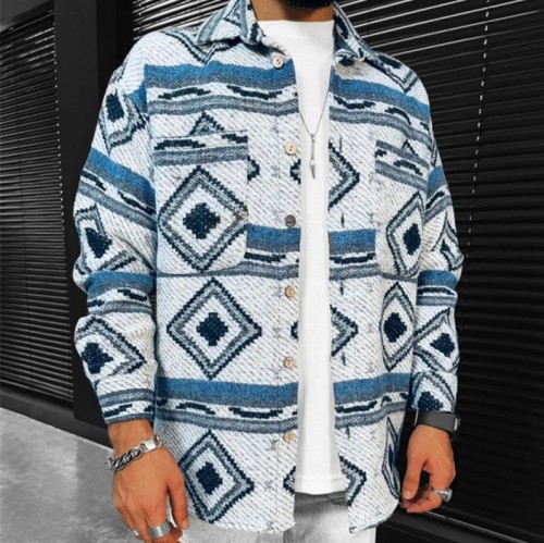 Mens Aztec Western Ethnic Geometric Blue Pattern Oversize Lapel Button Coat Outwear