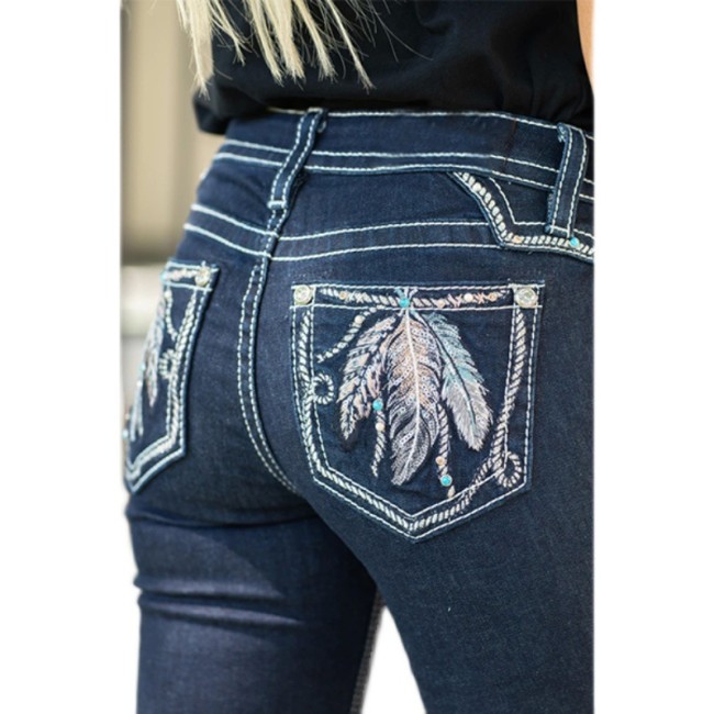 Women Low rise Western Feather  Embroidery Flare Pull On Jeans