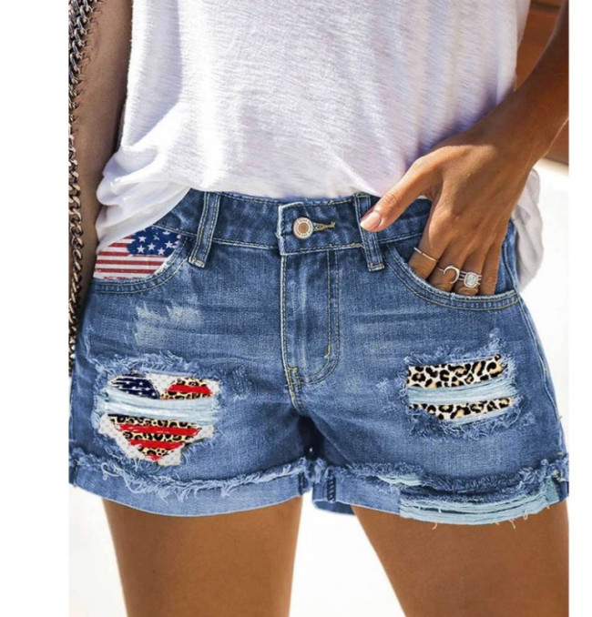 Women's Short Jean Cowboy Mid Rise Ripped with American Flag Pattern Raw Hem Ripped Denim Shorts