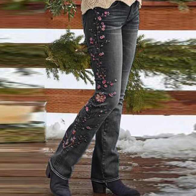 Women Mid-Rise Jean Floral Embroidered Cowboy Bootcut Jean