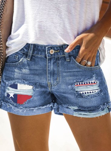 Women's Short Jean Cowboy Mid Rise Ripped with American Flag Pattern Summer Short Jean