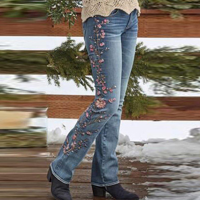 Women Mid-Rise Jean Floral Embroidered Cowboy Bootcut Jean