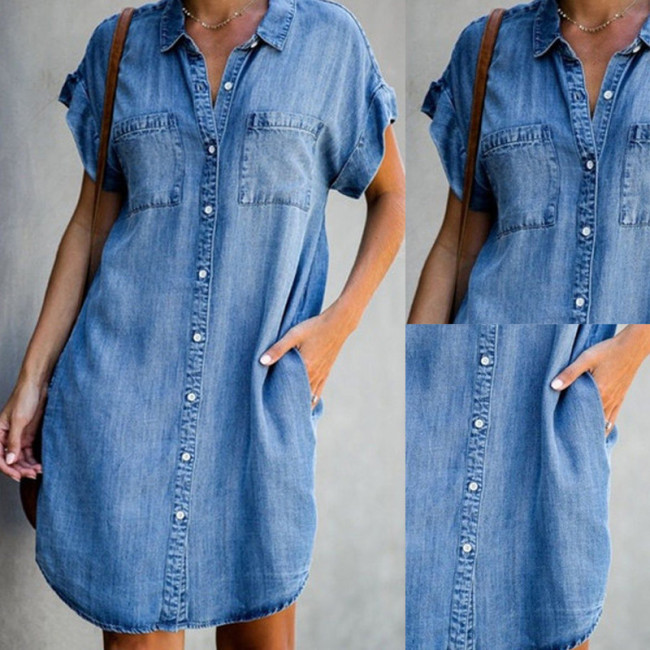 Womens Blue Jean Denim Shirt Casual Short Sleeve Oversized Denim Jacke Shirt for Spring Outfit