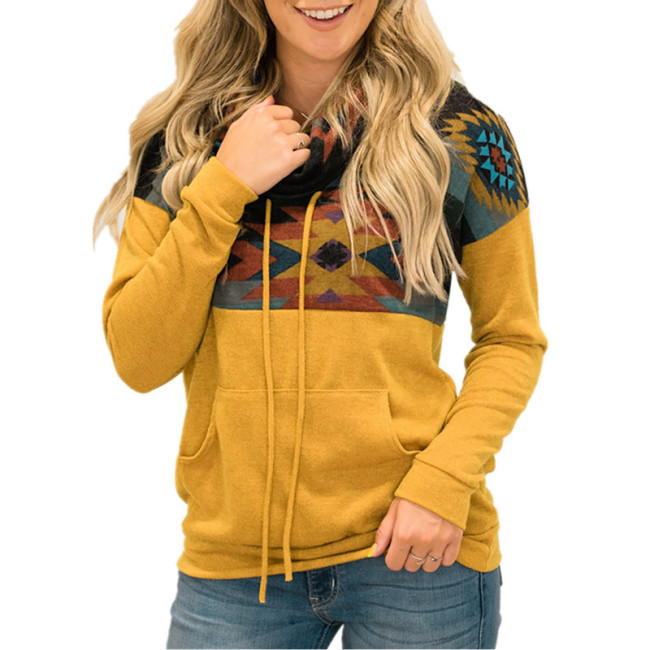 Womens Aztec Ethnic Geometric Pattern Drawstring Hoodie with Front Pocket