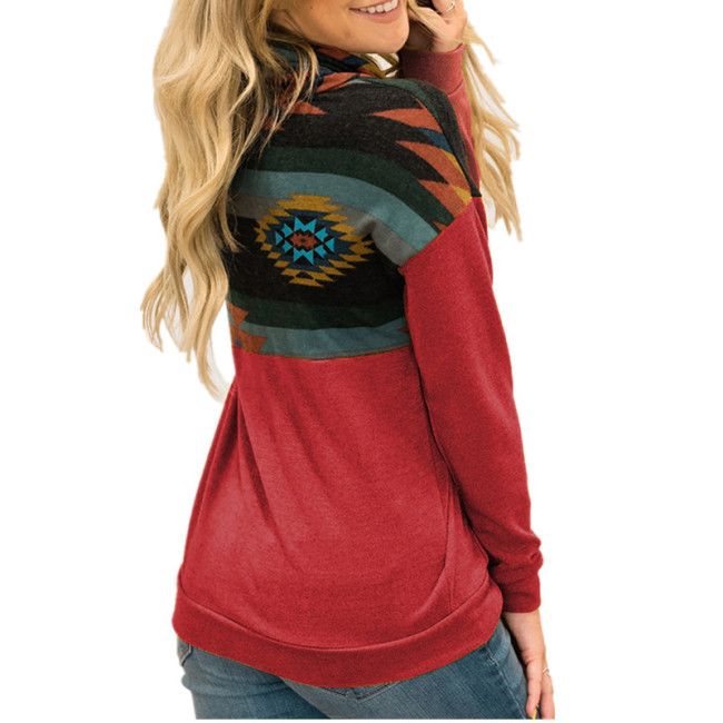 Womens Aztec Ethnic Geometric Pattern Drawstring Hoodie with Front Pocket