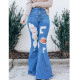 Womens Plus Size Jeans High Waist Ripped Flared Pants Hole Sexy Solid Casual Denim Trousers